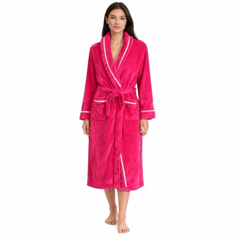 Victoria’s Secret Plush Bathrobe Women Medium Hot Pink Logo Trim Long Robe Cozy
